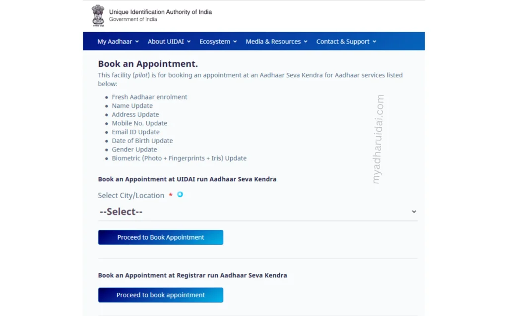 Book Aadhaar Appointment Online