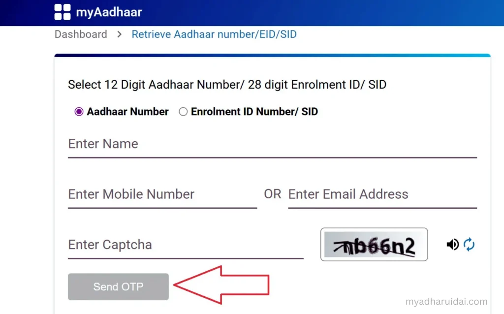 aadhaar number Complete the captcha and request an OTP